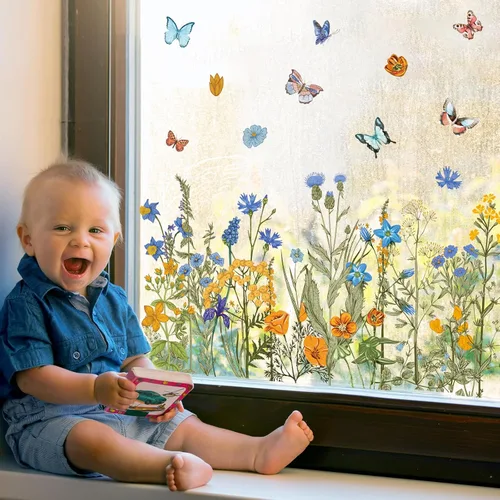 Vista 6 de Whaline 6 Hojas de Calcomanías de Ventana de Flores Silvestres de Verano Vintage Azul Naranja Acuarela de Doble Cara Reutilizables Florales