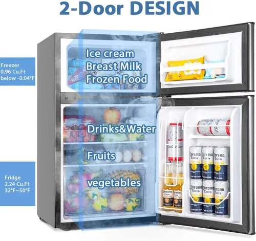 Vista 5 de Mini refrigerador compacto de 3.2 pies cúbicos, mini refrigerador de acero inoxidable con congelador, 2 puertas, para dormitorio, garaje, cámper