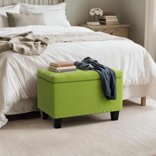 Vista 4 de MoNiBloom Banco otomano de 24 pulgadas con almacenamiento para dormitorio, banco contemporáneo de lino verde copetudo, reposapiés, taburete otomano