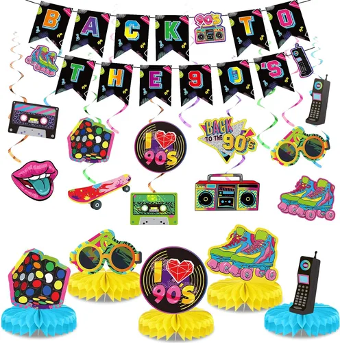 Vista 7 de Blosssound 27 piezas de decoraciones de fiesta de los años 80 y 90 años 1980 1990 Hip Hop Banner colgante remolinos techo decoración de panal