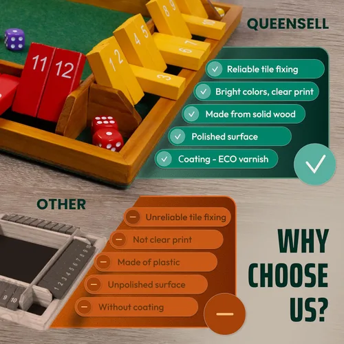 Vista 5 de Shut The Box Game Tablero de madera para 4 jugadores, juego de 14 pulgadas, 12 números para adultos y niños, ideal para noche