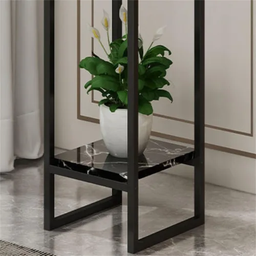 Vista 3 de Mesa cuadrada simple de madera de varios niveles con estante de almacenamiento, soporte para maceta de hierro forjado para sala de estar en Negro