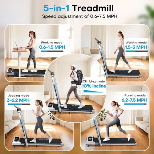 Vista 3 de Cinta de correr plegable 5 en 1, cintas de correr de 7.5 MPH para el hogar con aplicación compatible, cinta de correr con 10% de inclinación, unidad