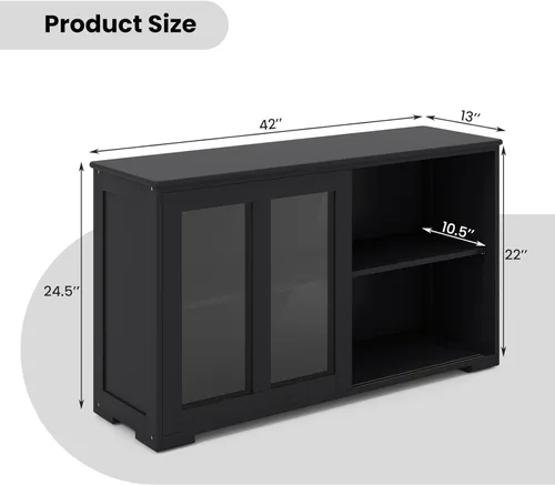 Vista 3 de LOKO Armario apilable para bufé, armario de almacenamiento de cocina con puertas corredizas de vidrio templado, pequeño aparador para cocina, Negro