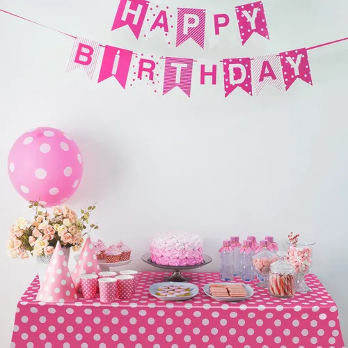 Vista 4 de Tegeme Mantel rectangular de plástico con diseño de lunares, color rosa y blanco, 3 piezas, 54 x 108 pulgadas, para decoración de cumpleaños