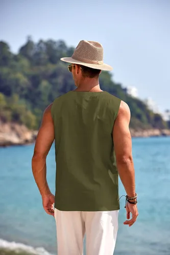 Vista 3 de COOFANDY - Camisetas sin mangas de algodón y lino para hombre, estilo hippie, con diseño de encaje, para la playa, estilo bohemio, renacentista
