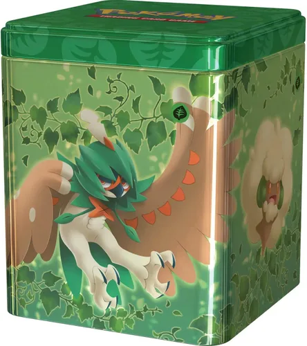 Vista 2 de Pokemon TCG: lata apilable de hierba (3 paquetes de refuerzo y monedas)