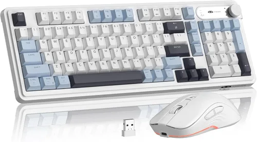 Vista 9 de MageGee V990 Combo de teclado y mouse inalámbricos cremosos, 99 teclas RGB retroiluminado recargable silencioso teclado para juegos, mouse óptico