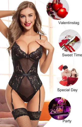 Vista 7 de ADSEXY Conjunto de lencería de liga para mujer, body de peluche exótico, sexy, de una pieza, babydoll de encaje, corsé (sin medias)