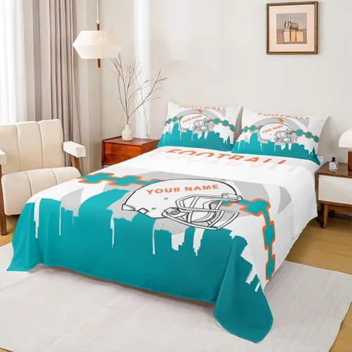 Vista 2 de Erosebridal Juego de cama matrimonial personalizado para niños, amantes del fútbol americano, sábana bajera ajustable con 2 fundas de almohada Miami