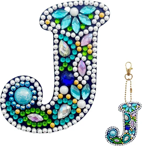 Vista 13 de YOYA Llavero de pintura de diamante de doble cara 5D, taladro completo A-Z, 26 letras de la A a la Z, kit de llaveros de arte de diamantes con gemas
