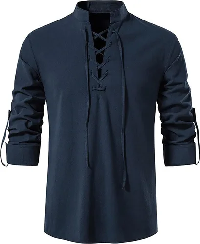 Vista 2 de Camisas de lino de manga larga con cordones retro para hombre, camisa Henley renacentista, disfraz vikingo medieval, camiseta pirata