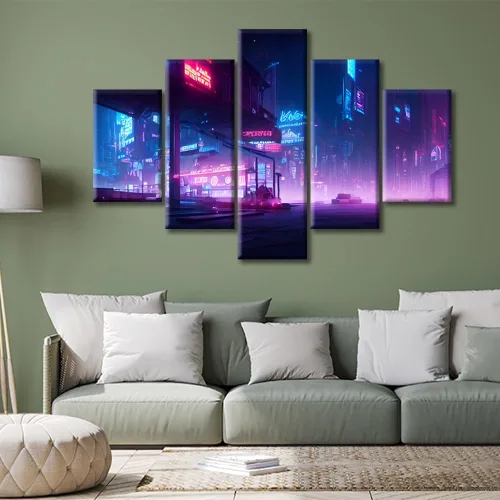 Vista 144 de Cuadros de 5 paneles de Cyberpunk City, arte de pared, representación de vallas publicitarias, edificios modernos en la capital con obras de arte