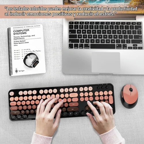 Vista 7 de SkyGive - Combo de teclado y mouse inalámbricos, teclado ergonómico de tamaño completo con diseño retro tipo máquina de escribir, con teclas