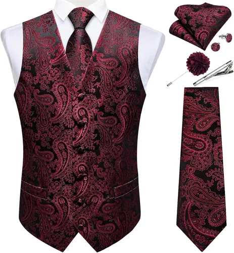 Vista 22 de DiBanGu Juego de chaleco y corbata para hombre, chaleco formal de cachemira y corbata con bolsillo cuadrado y gemelos, de seda, para traje o Verde