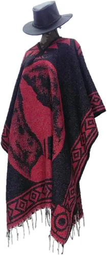Vista 2 de Sharpshooter Conjunto de poncho de lobo aullando de luna llena roja y sombrero de vaquero negro
