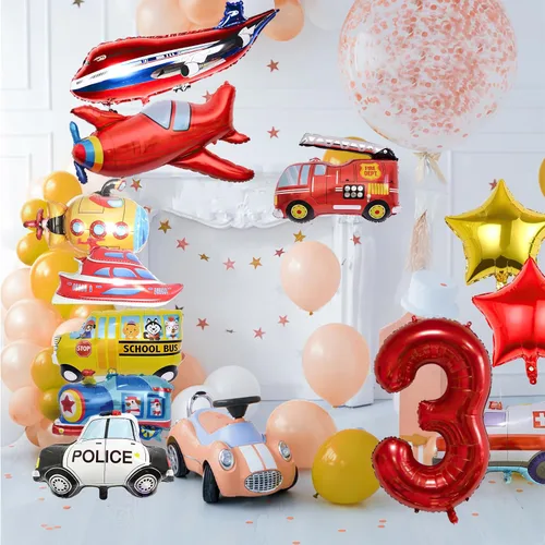 Vista 4 de 12 globos de transporte, camión, avión, autobús escolar, camión de bomberos, coche de policía, barco, ambulancia, submarino, globo de papel