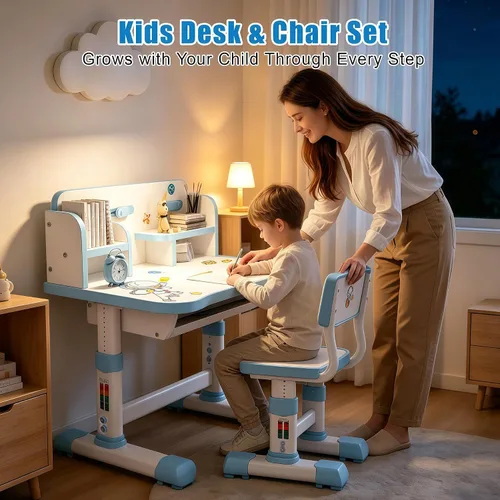 Vista 2 de HEVIRGO Kids Desk and Chair Set – Height Adjustable Blue Study Table Blue-b