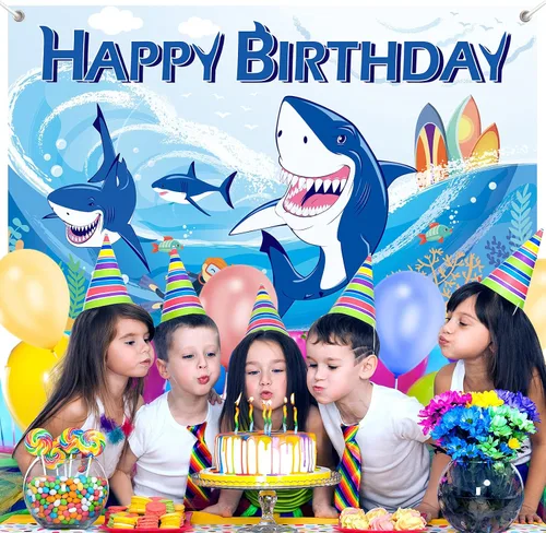 Vista 3 de Cartel de fondo de decoración de fiesta de tiburón, decoraciones de cumpleaños de tiburón, fondo de fotografía de zona para niños y niñas