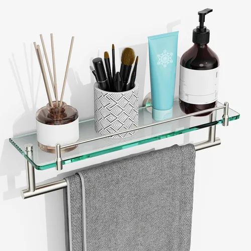 Vista 13 de Toallero con estante de 16 pulgadas, estante de baño con barra de toalla de vidrio templado, dorado cepillado moderno, acero inoxidable a prueba