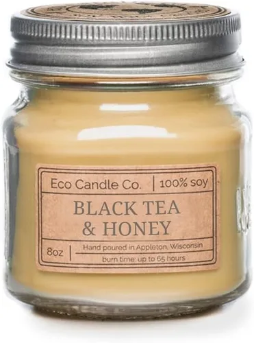 Vista 28 de ECO CANDLE CO. Vela reciclada, té negro y miel, 6 oz. - Aromas de té picante, nuez moscada, miel y naranja - 100% cera de soja, sin plomo, etiqueta