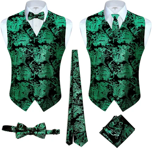 Vista 19 de Gioberti Chaleco formal de cachemira de 4 piezas para hombre, corbatín y pañuelo de bolsillo Negro B