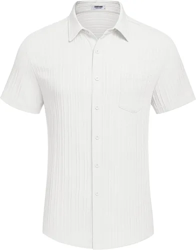 Vista 4 de COOFANDY - Camisas de botones casuales para hombre, de manga corta, con textura, camisa de playa de verano con bolsillo