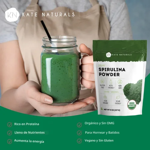 Vista 3 de Kate Naturals Polvo de espirulina orgánica para apoyo inmunológico y antioxidantes. Suplemento superalimento denso en nutrientes