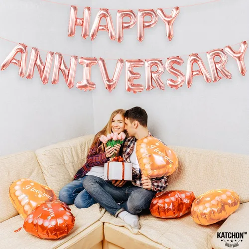 Vista 7 de KatchOn Letras de globos de feliz aniversario de oro rosa, 16 pulgadas, pancarta de aniversario para decoraciones, telón de fondo, pancarta de globos