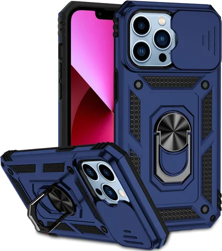 Vista 14 de Funda compatible con iPhone 13 de 6.1 pulgadas, funda magnética con funda para cámara y soporte, grado militar, a prueba de golpes, material de PC