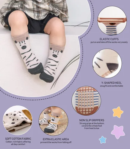 Vista 4 de Yebing Calcetines para bebés y niños pequeños, calcetines antideslizantes con agarres, calcetines de algodón para regalos