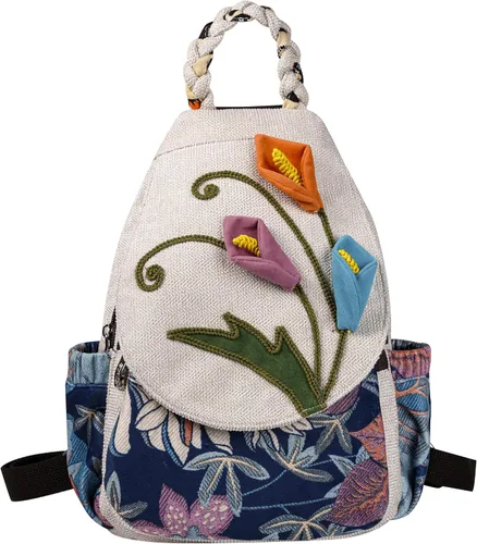 Vista 130 de HUANGGUOSHU Mochila de algodón tejida de algodón bohemio con bordado de lona estilo bohemio con múltiples bolsillos retro linda mochila cartera