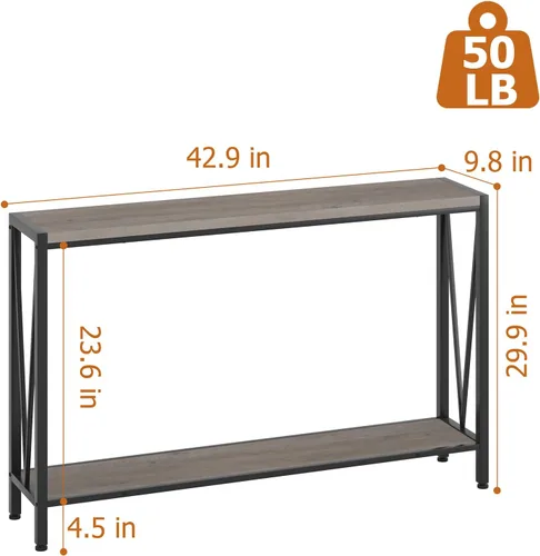 Vista 3 de IDEALHOUSE Mesa consola gris, mesa de entrada gris de 42.9 pulgadas con almacenamiento, mesa de sofá larga estrecha de 2 niveles de madera y metal