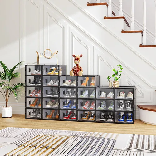 Vista 18 de Paquete de 6 cajas de zapatos apilables de plástico transparente, cajas organizadoras de zapatos con tapas para tenis, estuche para zapatos hasta