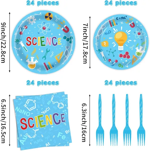 Vista 2 de Platos de cumpleaños de ciencia de 96 piezas, suministros y decoraciones para fiestas de ciencia
