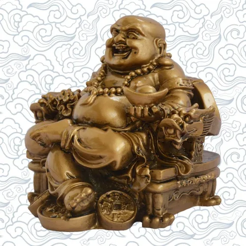 Vista 3 de Feng Shui Buda chino sonriente sentado en silla de dragón, escultura artesanal, riqueza de resina, estatua de la suerte feliz para decoración