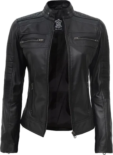 Vista 2 de Decrum Chaqueta de cuero real para mujer - Cafe Racer estilo motocicleta chaquetas de cuero moda ropa