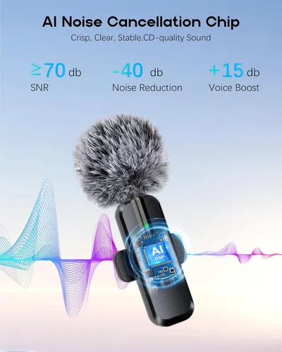 Vista 3 de Mini micrófono inalámbrico para iPhone, paquete de 2 micrófonos Lavalier para grabación de video, micrófono de solapa con reducción de ruido 2 en 1