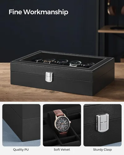 Vista 3 de SONGMICS Caja de reloj caja de reloj de 12 ranuras con tapa de cristal grande almohadas de reloj extraíbles organizador de caja de reloj regalo