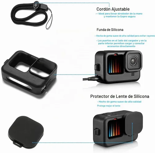 Vista 5 de Carcasa impermeable para GoPro Hero 13, 12, 11, 10, 9, protector de pantalla de vidrio templado negro, funda protectora de silicona, kit