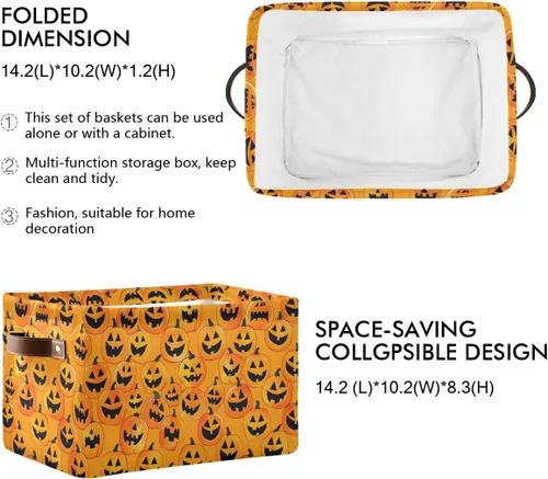 Vista 2 de Cesta de almacenamiento sin costuras de Halloween, bolsa organizadora plegable de tela de calabaza amarilla con asas, 15 x 11 x 9.5 pulgadas