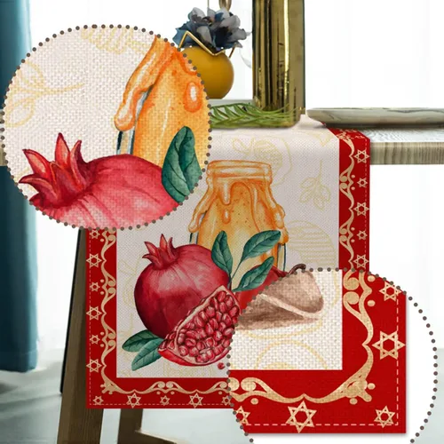 Vista 3 de Vohado Camino de mesa de lino Rosh Hashanah Shana Tova decoración de mesa judío Año Nuevo fiesta hogar cocina comedor decoración de mesa 13 x 72