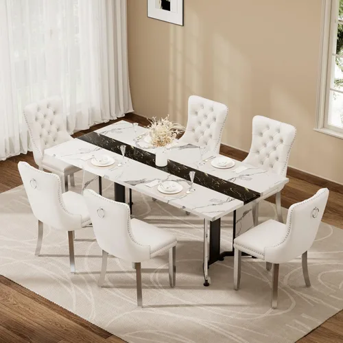 Vista 12 de Juego de mesa de comedor de 5 piezas con 4 sillas, mesa de comedor rectangular de madera de 71 pulgadas con sillas de comedor de terciopelo, tablero
