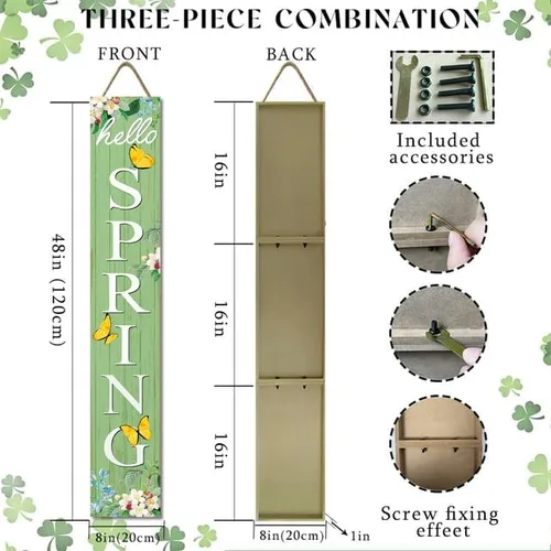 Vista 3 de Letrero de madera con texto en inglés «Hello Spring» para porche de 8 x 48 pulgadas, decoración de flores de mariposa de primavera para colgar