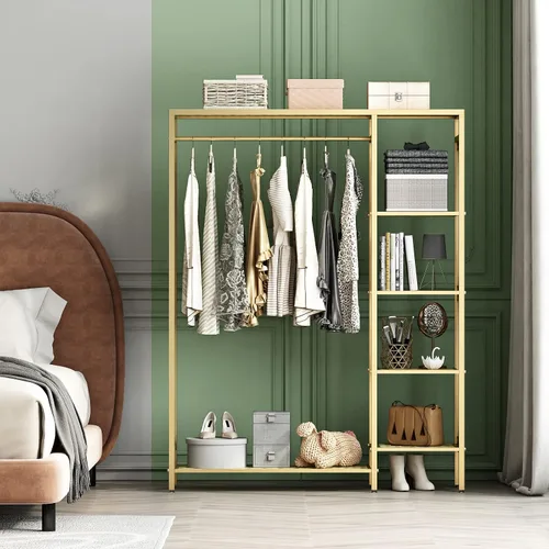 Vista 3 de TIEOU Estantes de ropa dorados modernos independientes, estante de ropa dorado con estantes para boutiques, estante de ropa resistente para colgar