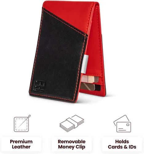 Vista 6 de FH Signature - Cartera delgada con bloqueo RFID para hombre con clip de metal para dinero en cuero de grano superior Negro Rojo 425 x 275 Cartera