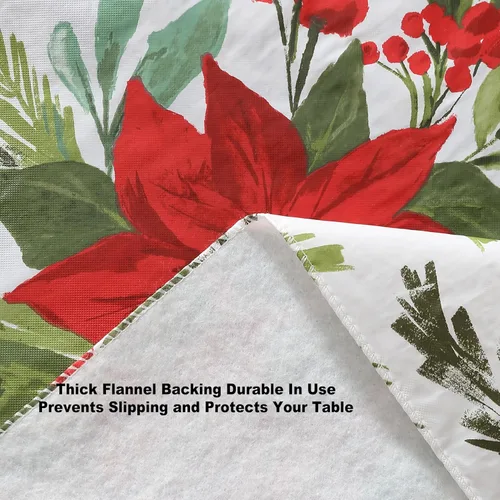 Vista 3 de Newbridge Poinsettia Flourish - Mantel de vinilo navideño de Pascua con respaldo de franela, cubierta de mesa festiva contemporánea de Pascua roja