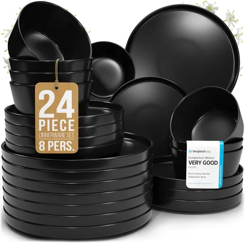Vista 50 de Juego de vajilla de gres para 4 personas 12 piezas – Juego de platos y cuencos negros mate – Apto para lavavajillas, microondas y resistente a