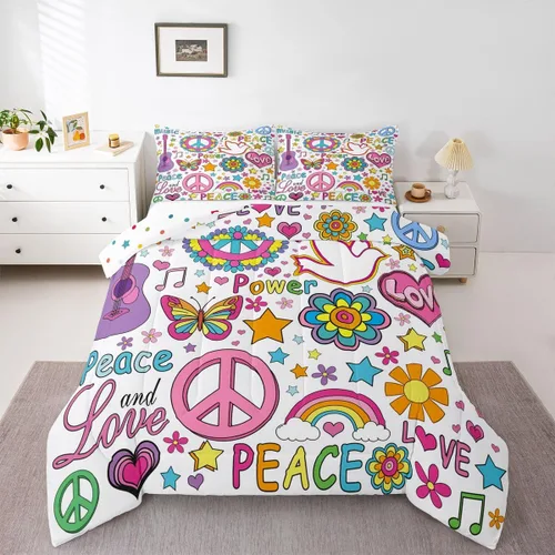 Vista 10 de Erosebridal Juego de edredón abstracto creativo dibujado a mano para niños y niñas, estilo hippie garabato, colorido arte urbano, tamaño individual