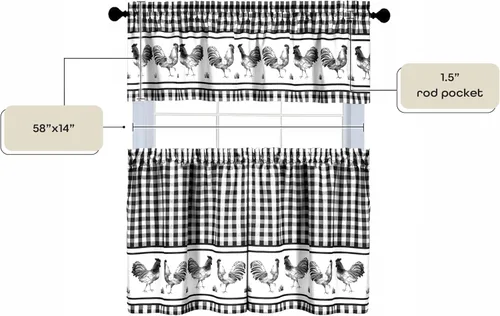 Vista 4 de PowerSellerUSA Juego de cortinas de cocina para ventana, diseño de gallo, cenefa de 58 pulgadas de ancho x 14 pulgadas de largo, color negro